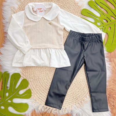 Conj. Blusa Manga Longa com Suéter e Calça Couro Ecológico - Off White